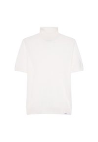 Weißes kurzärmliges Turtleneck-Oberteil aus leichtem Stoff, mit tailliertem Design und dezentem Logo-Detail am Saum.