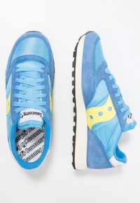 Blue athletic shoes featuring mesh and suede materials, yellow accents, a textured sole, and a logo on the tongue and heel.