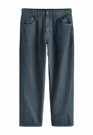 Dark gray straight-leg denim jeans with front pockets, belt loops, and a button closure on a white background.
