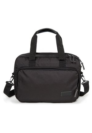 Schwarze rechteckige Schultertasche mit zwei oberen Griffen, abnehmbarem Schulterriemen, vorderer Reißverschlusstasche und Hauptfach mit doppeltem Reißverschluss.