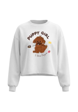 Weißes Sweatshirt mit einem braunen, flauschigen Welpen, der eine Leine hält, und Text mit "Puppy Girl" und "I Love Puppies."
