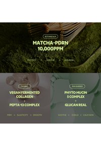 Matcha-jauhe, bambuharja ja kollageeneja sekä seerumeja lasiastioissa, jotka korostavat ihonhoidon ainesosia ja niiden hyötyjä.