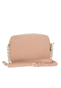 Borsa a tracolla rosa chiaro realizzata in materiale sintetico testurizzato. Caratterizzata da una chiusura con zip, una tracolla a catena e una finitura liscia.
