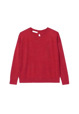 Pull rouge en tissu tricoté texturé. Présente un col rond et un petit détail en forme de serrure à l'arrière. Manches longues et couleur unie.