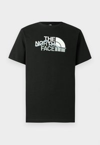 Μαύρο βαμβακερό μπλουζάκι με εκτυπωμένο λογότυπο σε λευκό και γκρι, κοντά μανίκια και στρογγυλή λαιμόκοψη.