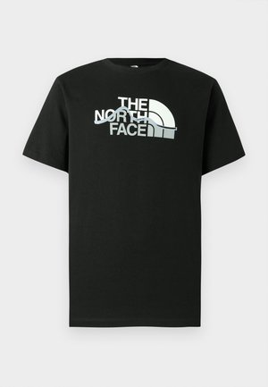 Black t-shirt made of cotton featuring a printed logo design in white and gray, short sleeves, and a crew neckline.