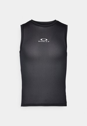 Czarna bezrękawnikowa koszulka sportowa z siateczkowego materiału, z okrągłym dekoltem i białym logo "Oakley" na klatce piersiowej.