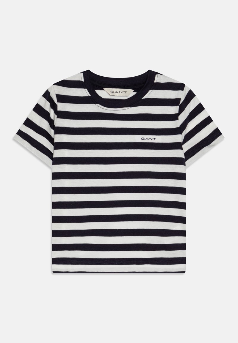 Stripet t-skjorte med horisontale marineblå og hvite striper, korte ermer, rund hals og liten GANT-logo på brystet.