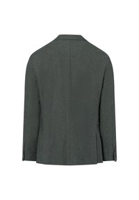 Donkergroen blazer met een getailleerd ontwerp, gladde textuur, reverskraag en drie knopen op elke mouw. Achterkant heeft strakke lijnen.