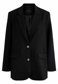 Schwarze Blazer mit Reverskragen, zwei vorderen Taschen, Doppelknöpfen und einer glatten Textur. Gefüttertes Innenleben, minimale Details.