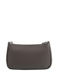 Pochette en cuir gris avec une finition texturée, dotée d'une fermeture éclair et de bords arrondis. Design compact adapté aux petits essentiels.
