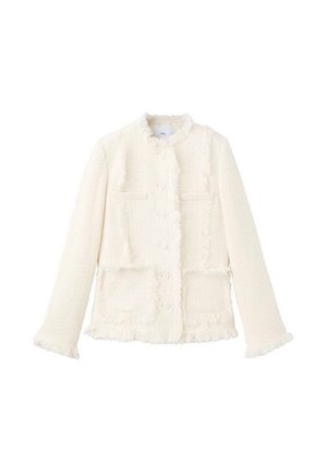 White textured jacket with a round neckline, frayed edges, two front pockets, and button closure. Made from woven fabric.