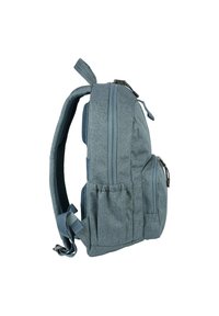 Zaino in tessuto blu con doppie tasche a zip, spallacci imbottiti, tasche laterali in rete e una superficie testurizzata. Presenta spallacci regolabili e anelli.