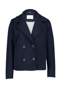 Marineblaue, doppelt geknöpfte Jacke mit Reverskragen, vier Knöpfen und Taschen an den Seiten, gefertigt aus weichem Stoff mit glatter Textur.
