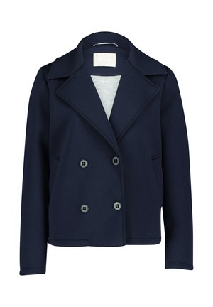 Giacca doppiopetto blu navy con colletto a scollo, quattro bottoni e tasche laterali, realizzata in tessuto morbido con una texture liscia.
