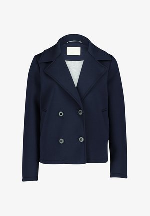 Navyblauw dubbelzijdig jasje met een puntige kraag, vier knopen en zijzakken, gemaakt van zachte stof met een gladde textuur.