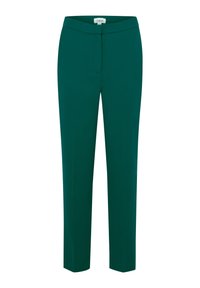 Zelené kalhoty na míru se hladkým povrchem, slim fit a nízkým pasem. Mají přední zip a čistý, minimalistický design.