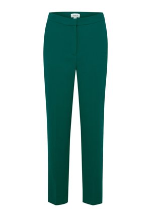 Green tailored trousers with a smooth texture, slim fit, and a low waistband. Features a front zipper and a clean, minimalist design.