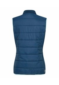 Marineblauer, gepolsterter Westen mit horizontaler Steppung, hohem Kragen und seitlichem Logodetail. Glattes Material, ärmelloses Design und taillierte Passform.