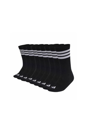 Eight black crew socks with two white stripes near the top and a white triangular logo on the toes, arranged side by side.