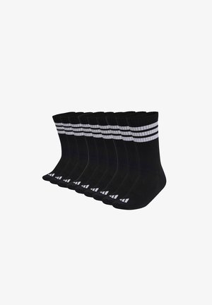 Eight black crew socks with two white stripes near the top and a white triangular logo on the toes, arranged side by side.