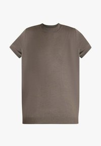 T-shirt a maniche corte con scollo rotondo in marrone spento, realizzata in tessuto liscio con collo e orlo a coste, caratterizzata da una silhouette semplice e pulita.