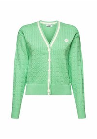 Grüne Strickjacke mit V-Ausschnitt, elfenbeinfarbenem Besatz, sechs Knöpfen und strukturiertem Muster. Mit einem Emblem auf der linken Brust.