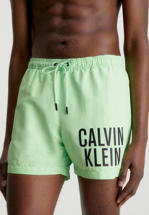 Pantaloni da bagno verde menta con vita elastica e cordino nero, con un grande logo nero "CALVIN KLEIN" sul lato.