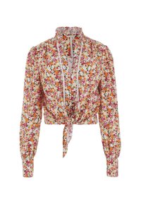 Bloemrijke crop blouse met een hoge kraag, lange pofmouwen en een strik aan de voorkant. Kenmerkt zich door een patroon van oranje, roze en witte bloemen op een lichte achtergrond.