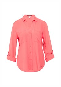 Camicia button-up corallo con maniche lunghe, due tasche sul petto e polsini arrotolabili. Tessuto morbido e vestibilità rilassata con una leggera curva all'orlo.