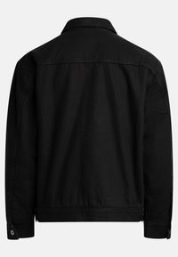 Veste noire à manches longues vue de dos avec col, poignets boutonnés et coutures visibles aux épaules et à l’ourlet.