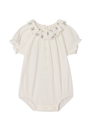 White baby romper with short puff sleeves and floral ruffled collar with snap button closure at the back.