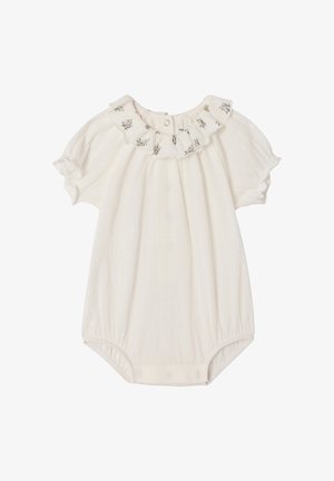 Weißer Baby-Strampler mit kurzen Puffärmeln und einem geblümten, gerafften Kragen mit Druckknopfverschluss an der Rückseite.