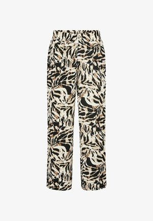Pantalones estampados con un diseño abstracto de hojas en negro, blanco y beige, que presentan una cinturilla elástica y piernas anchas y rectas.