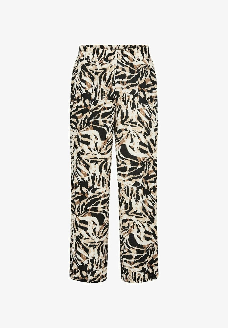 Pantalons à motifs avec un design abstrait de feuilles en noir, blanc et beige, dotés d'une taille élastique et de jambes droites larges.