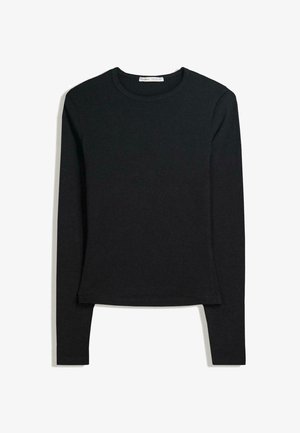 Schwarzes Langarmshirt aus weichem Stoff, mit Rundhalsausschnitt und taillierter Passform, geradem Saum und minimalen Nähten.