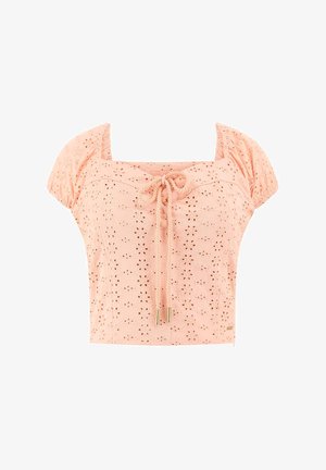 Brošková skrátená blúzka s krátkymi puff sleeves, očkovým vzorom, predným viazaním s pozlátenými prvkami a štvorcovým výstrihom.