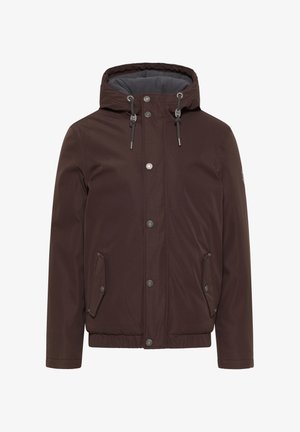 Veste à capuche marron en tissu lisse, dotée de boutons-pression, d'un cordon de serrage au niveau de la capuche et de poches latérales avec rabats.