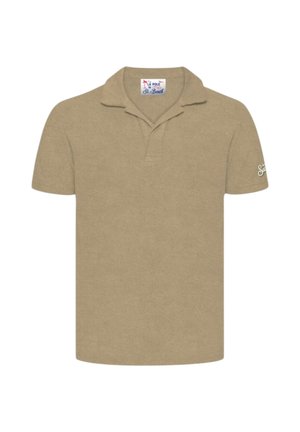 Polo beige a maniche corte con colletto e piccolo logo ricamato sulla manica sinistra.