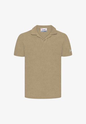 Polo beige a maniche corte con colletto e piccolo logo ricamato sulla manica sinistra.