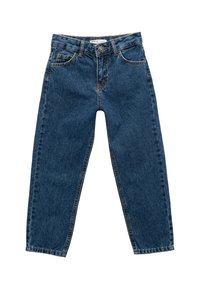 Jeans de mezclilla azul oscuro con cintura alta, corte recto, cinco bolsillos, costuras visibles y cierre de botón en la cinturilla.