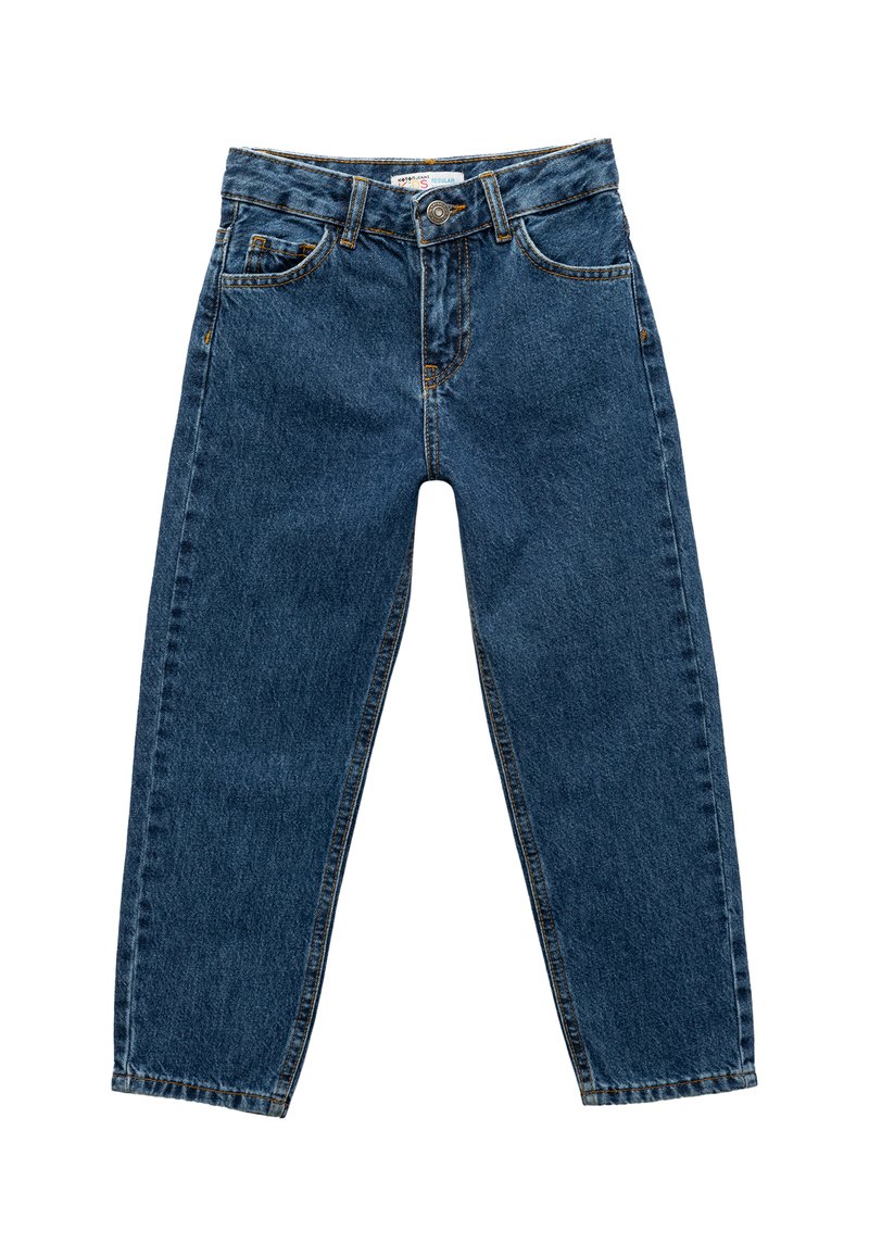 Jeans de mezclilla azul oscuro con cintura alta, corte recto, cinco bolsillos, costuras visibles y cierre de botón en la cinturilla.