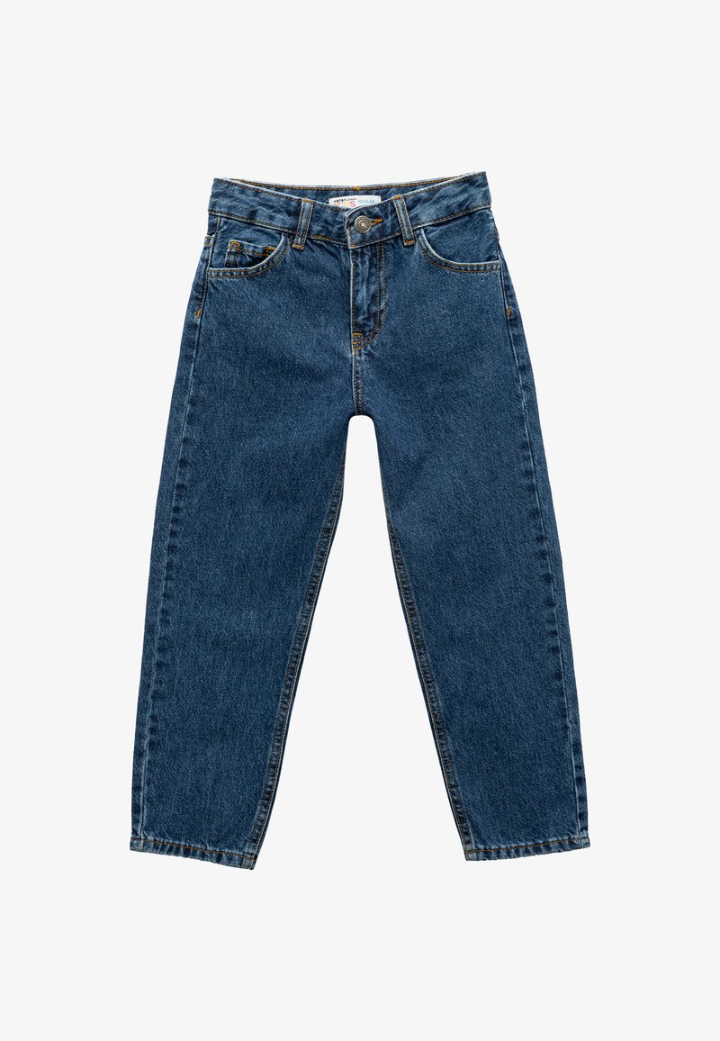 Dunkelblaue Denim-Jeans mit hoher Taille, geradem Bein, fünf Taschen, sichtbaren Nähten und einem Knopfverschluss am Bund.