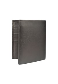 Sort læderpung med en glat tekstur og foldet design, der har kortlommer på den ene side og en minimalistisk stil.
