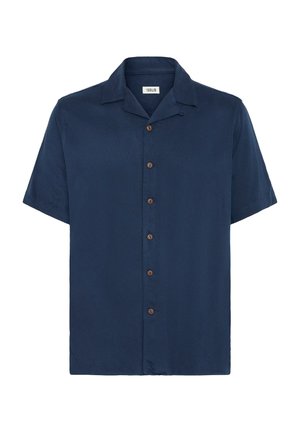 Chemise à manches courtes bleu marine en tissu lisse, avec un col classique et cinq boutons marron sur le devant.