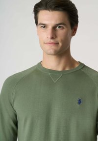 Felpa verde a maglione con scollo rotondo a costine, maniche raglan e un piccolo logo ricamato blu sul petto. Struttura liscia.