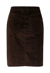 Bruine corduroy mini-jurk met een getailleerde taille, twee achterzakken en een rechte snit. Kenmerkt zich door een verticale ribbeltextuur en een schone zoom.