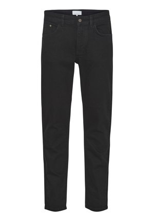 Black denim jeans feature five pockets, a zip fly, a slim fit, and subtle stitching details. The fabric has a smooth texture.