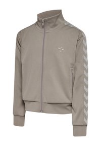 Jasnoszara kurtka zapinana na zamek z wysokim kołnierzem, z odblaskowymi pasiakami na ramionach i zapinaną na zamek boczną kieszenią. Miękki materiał.