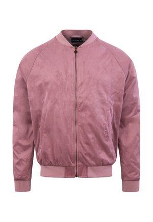 Chaqueta bomber rosa con textura suave parecida al ante, puños y dobladillo acanalados, cierre frontal con cremallera y bolsillos laterales. Detalle sutil de marca.